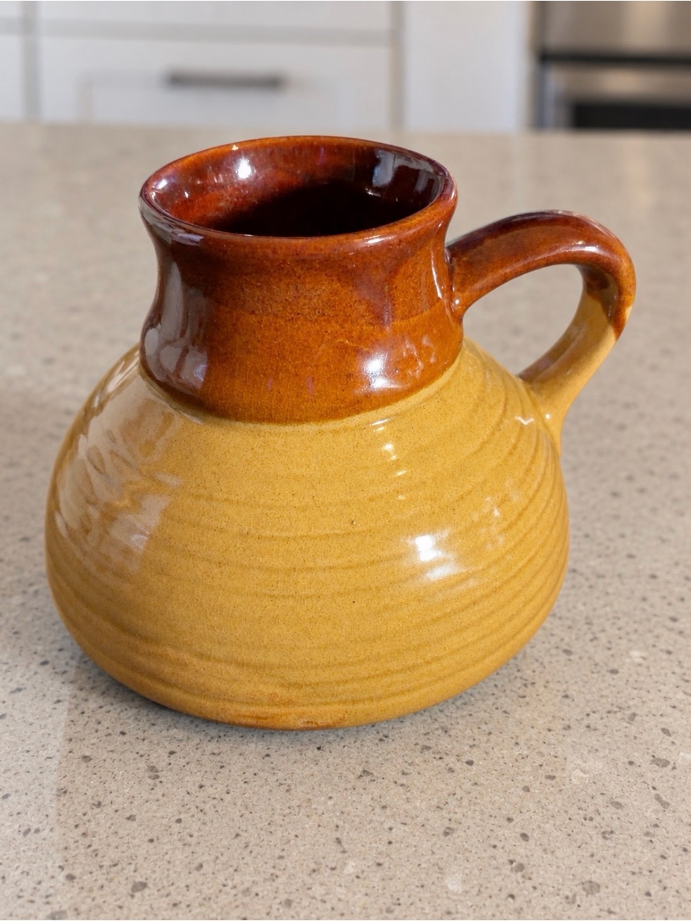 Rustic Brown Tan Glazed Stoneware Handled Jug Vase Farmhouse Décor